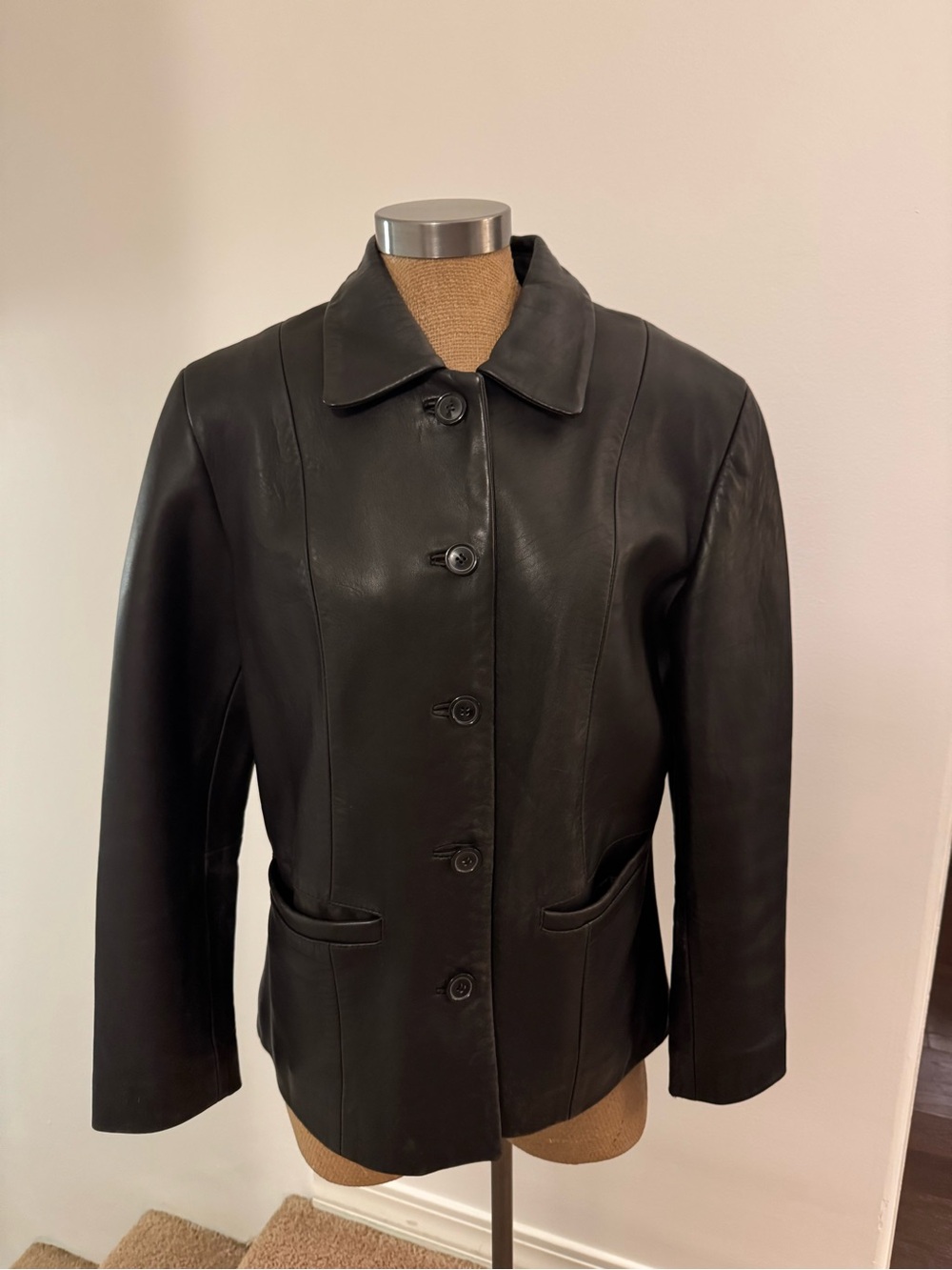 Casual Corner Black Button-Front Leather Jacket